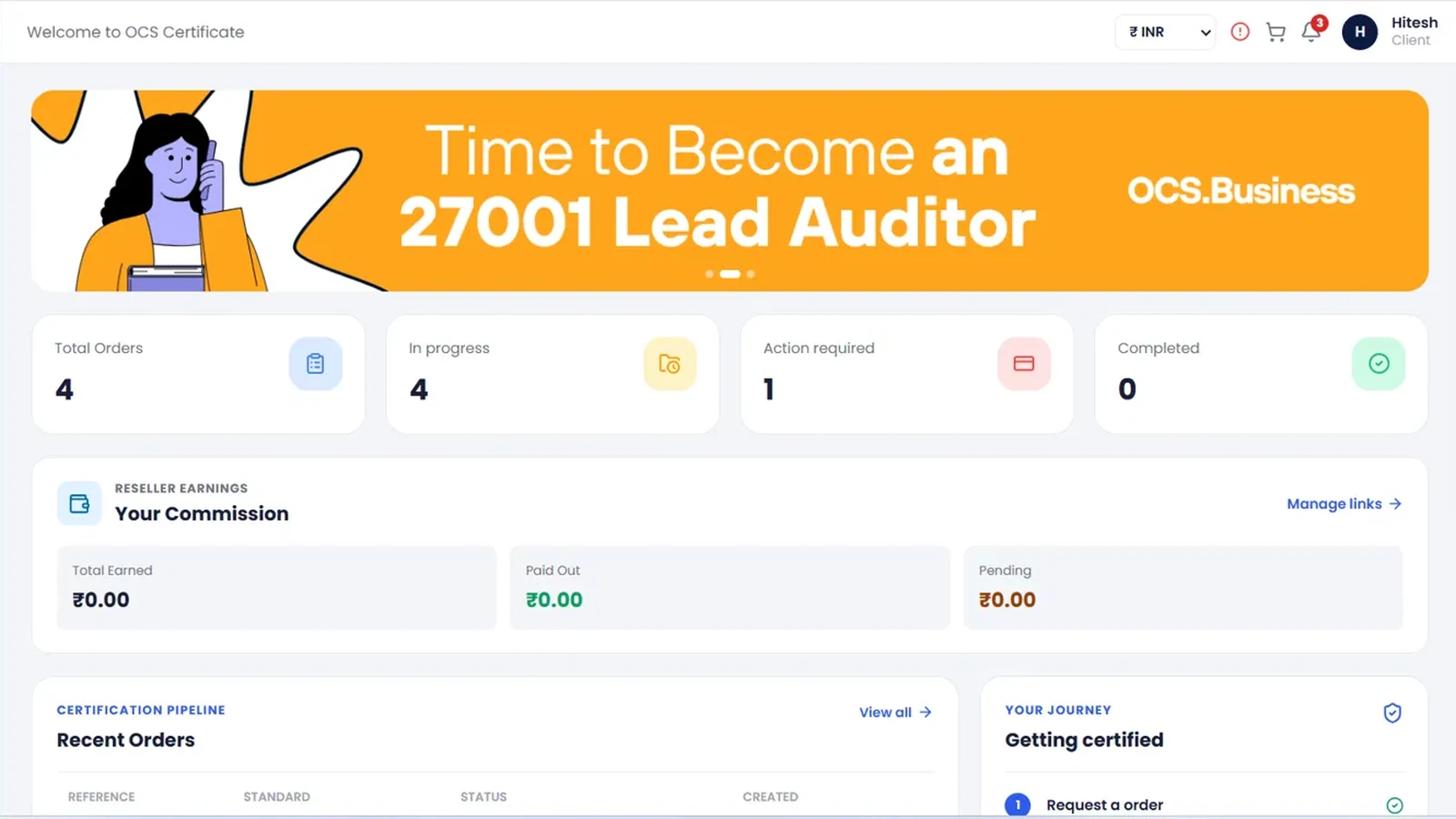 OCS Certificate partner portal dashboard with the top banner ad highlighted